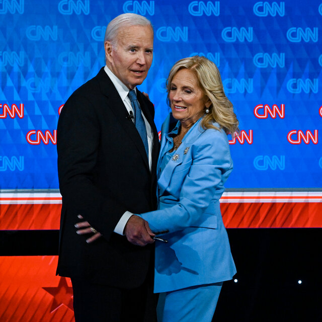 President Biden is joined by Jill Biden on the stage after Thursday’s debate.